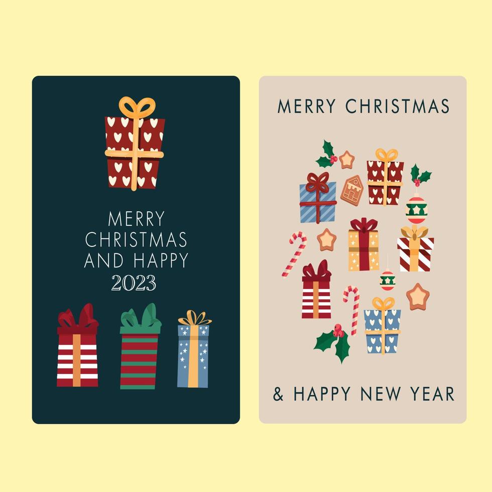 plantilla de portada de tarjeta de navidad elegante caja de regalo plana elemento decorado vector