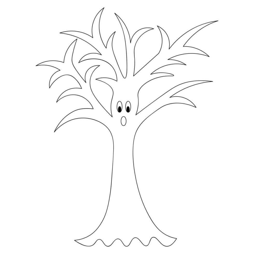 Magic tree. Surprised facial expression. Curved branches. Vector illustration. Doodle style. Coloring book. Sketch. Halloween symbol. A frightened grimace. All Saints Day.