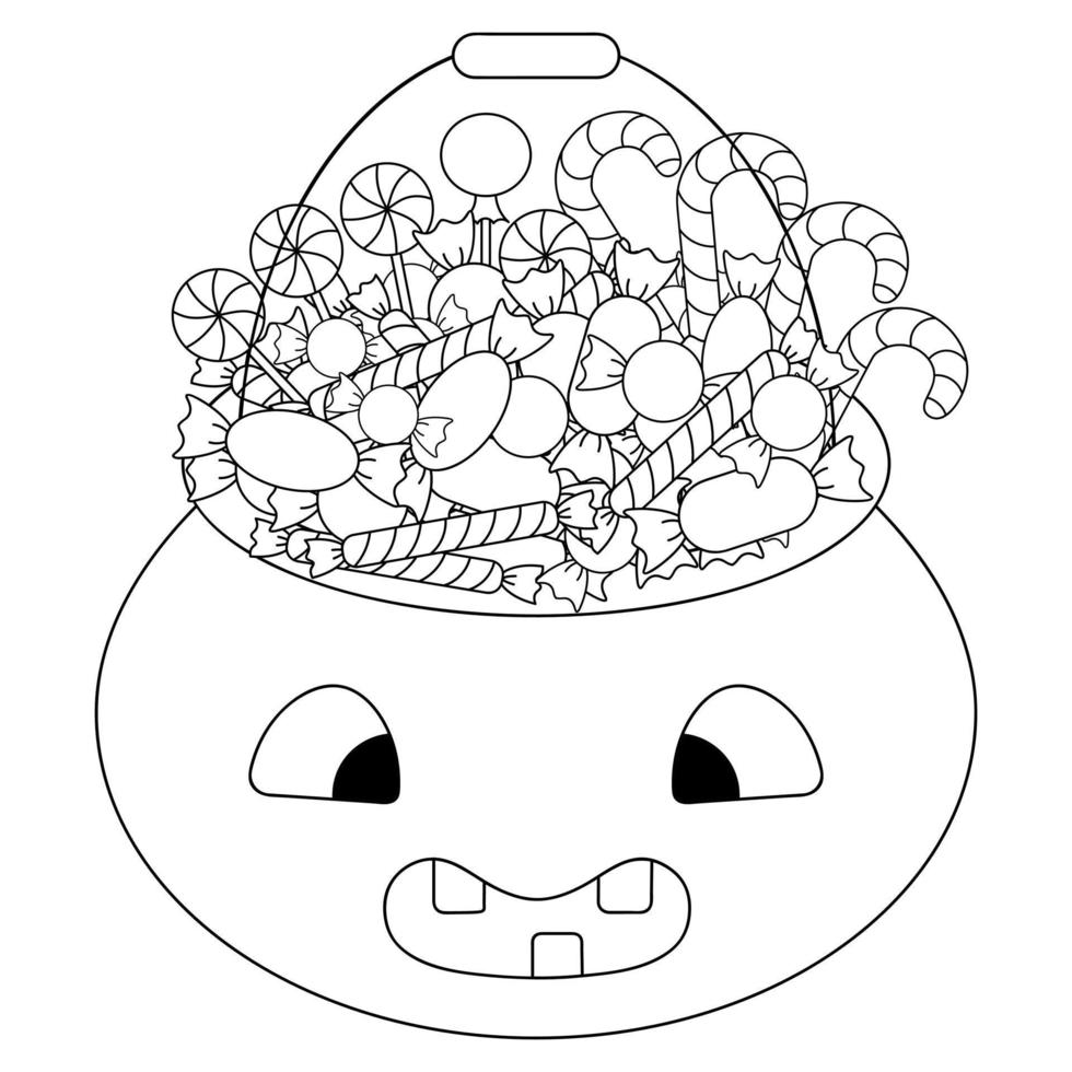 A pot with sweets. Pumpkin-shaped bucket. Trick or treat. Vector illustration collection.  Coloring book. Sketch. Halloween symbol. A basket with sweets. Friendly facial expression. Doodle style.