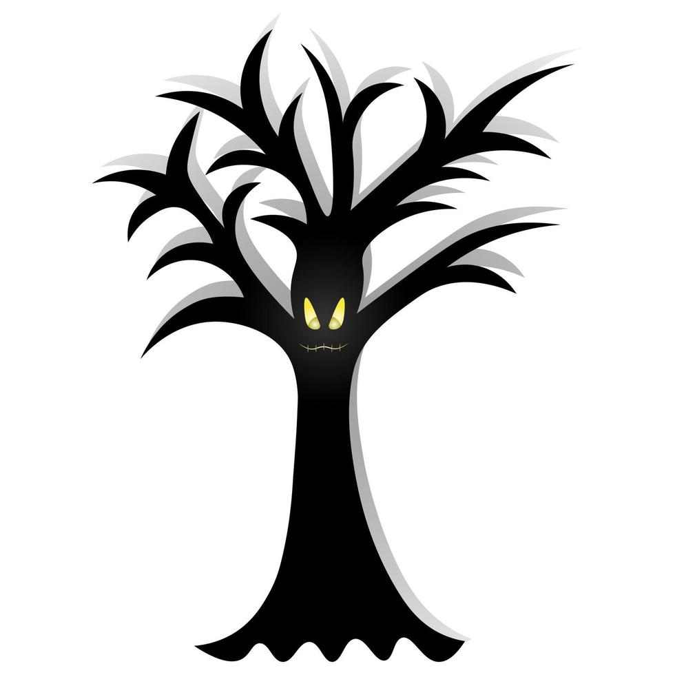 Ominous tree. The mouth is sewn up. Silhouette. Angry facial expression. Curved branches. Vector illustration. Gloomy shadows. Halloween symbol. An eerie grimace. All Saints Day.