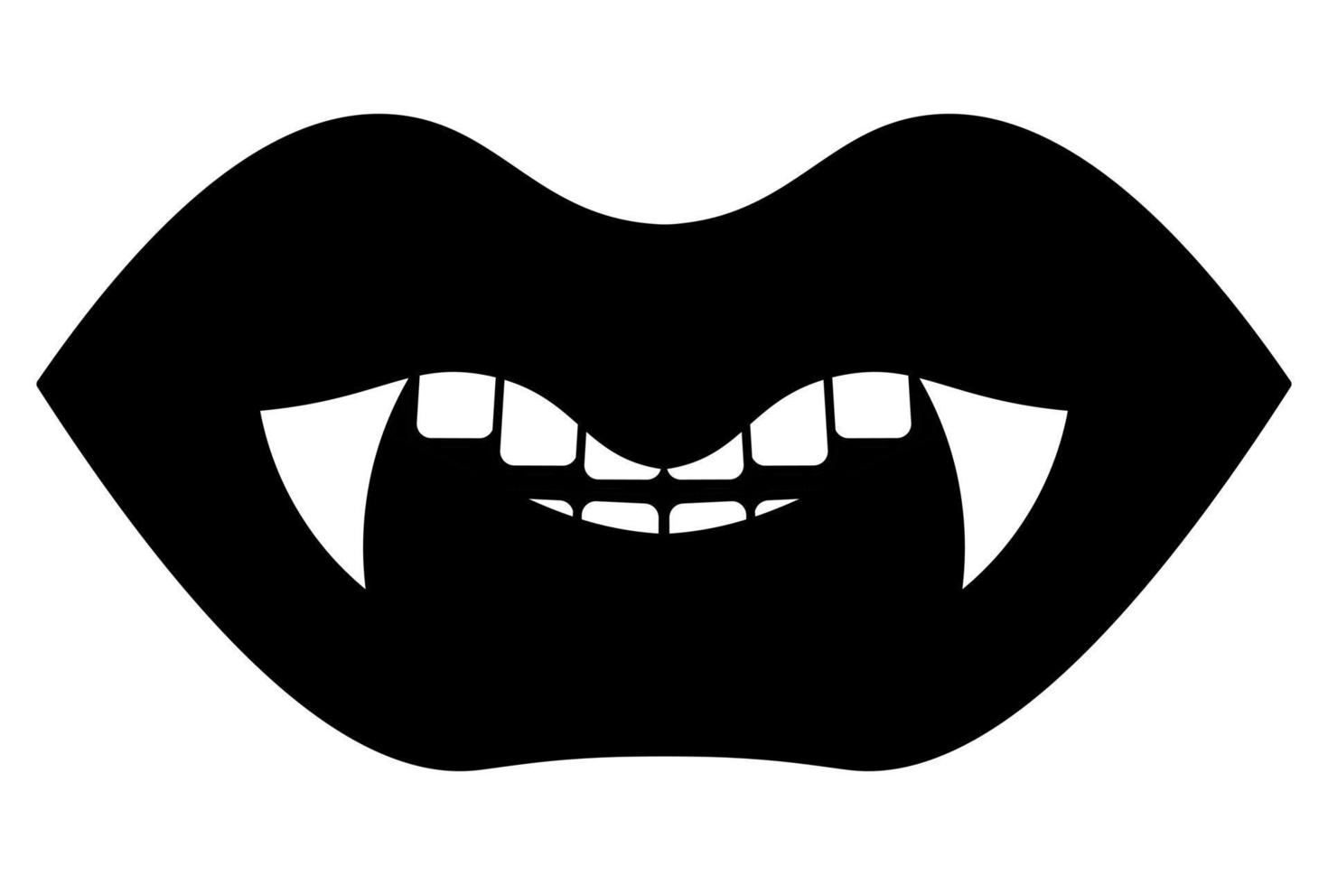 Vampire mouth. Silhouette. Dangerous lips. Sharp white fangs shine. The devil's bite.  Angry grin. Kiss of Dracula. Halloween symbol. All Saints' Day. vector