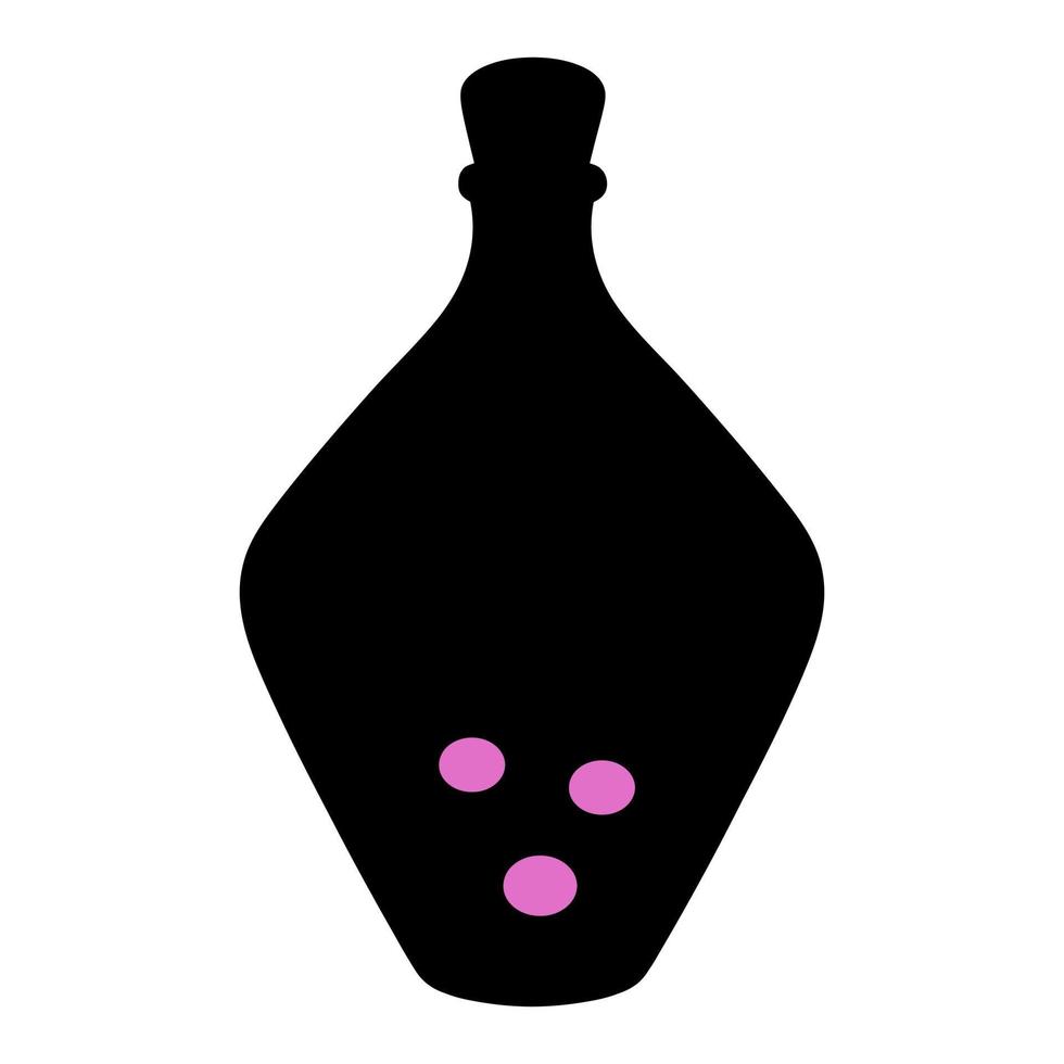 A bottle of magic potion. Silhouette.  A miraculous drink. Witch broth in a bottle. Pink bubbles are flying up. The vessel is tightly sealed with a stopper. Halloween symbol. vector