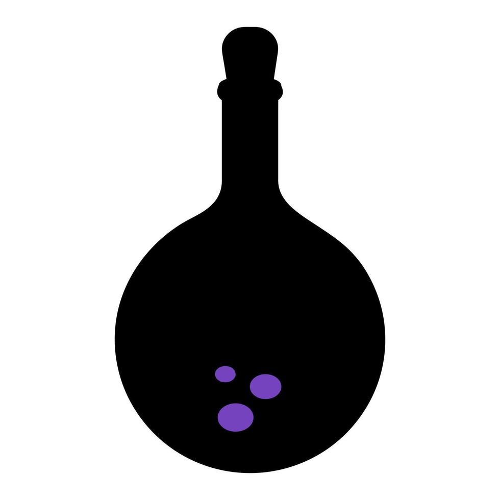 A bottle of magic potion. Silhouette. A miraculous drink. Witch broth in a bottle. Purple bubbles are flying upwards. The vessel is tightly sealed with a stopper. Halloween symbol. vector