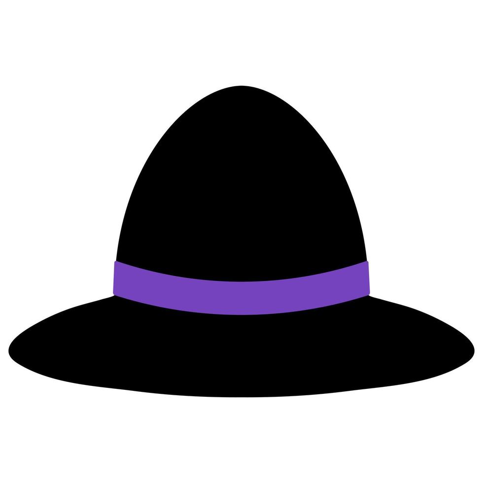 Hat. Silhouette. A rounded hat with a round brim. Vector illustration. The fabulous headdress is decorated with a purple ribbon.