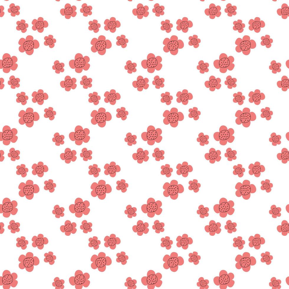 Floral seamless vector pattern with flowers. Spring flora. Simple hand-drawn kids style. Pretty ditsy for fabric, textile, wallpaper. Digital paper in white background