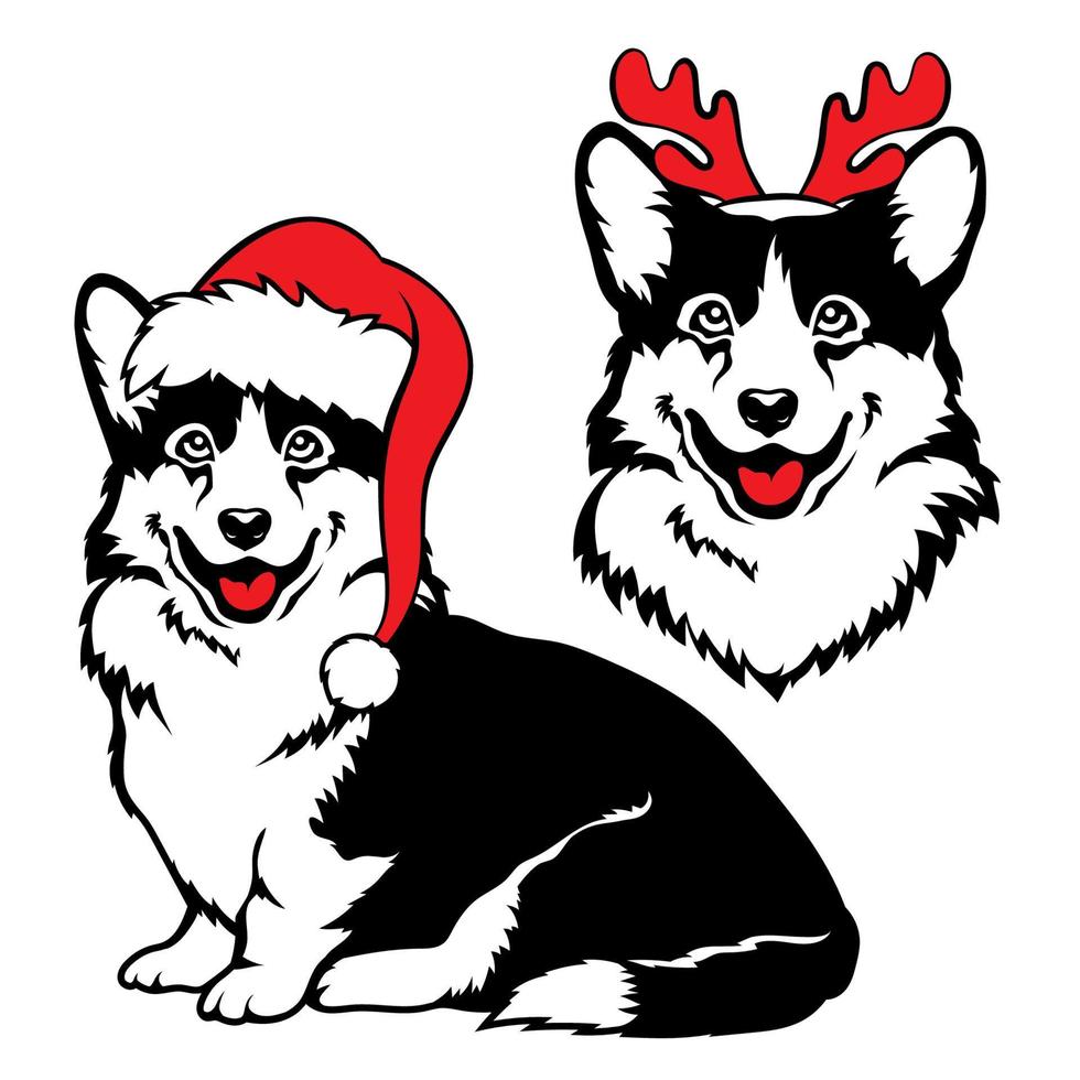 Christmas Welsh Corgi Cardigan dog with Santa hat and antlers. Vector illustration