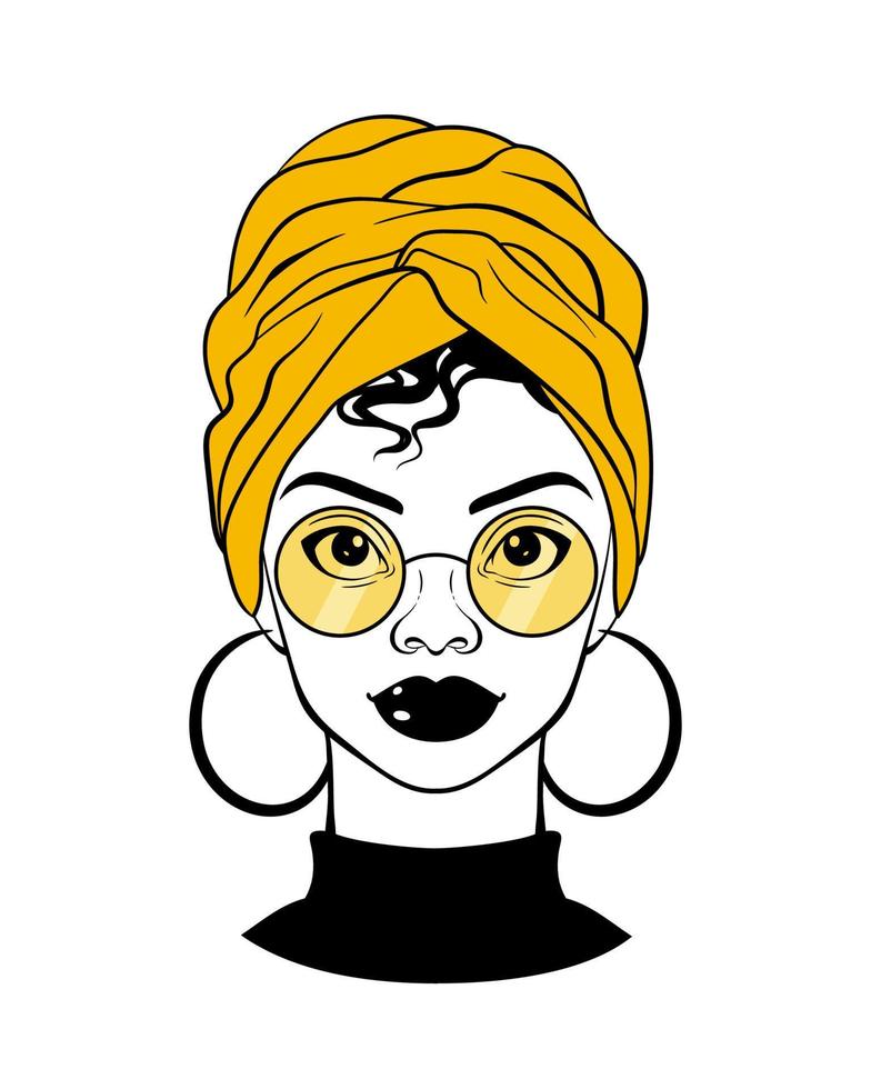 Black woman portrait. Cartoon afro american girl with yellow sunglasses, head wrap, round earrings. Fashion Illustration on white background vector