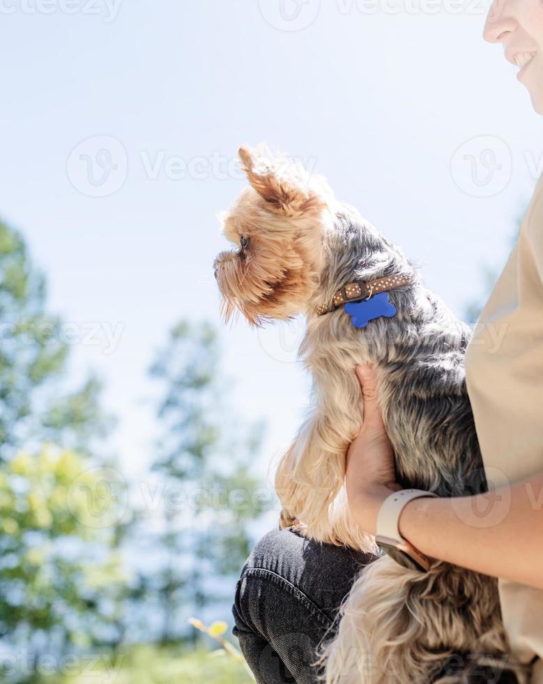 young woman holding small dog puppy yorkshire terrier hiking at the mountains photo