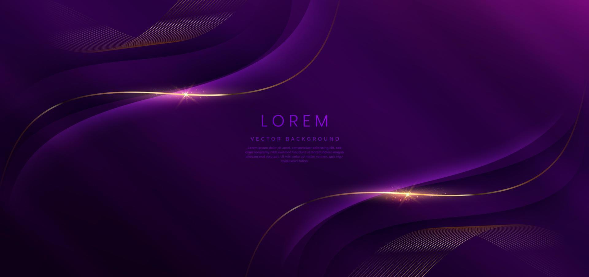 Luxury curve golden lines on dark purple  background with lighting effect copy space for text. Luxury design style. vector