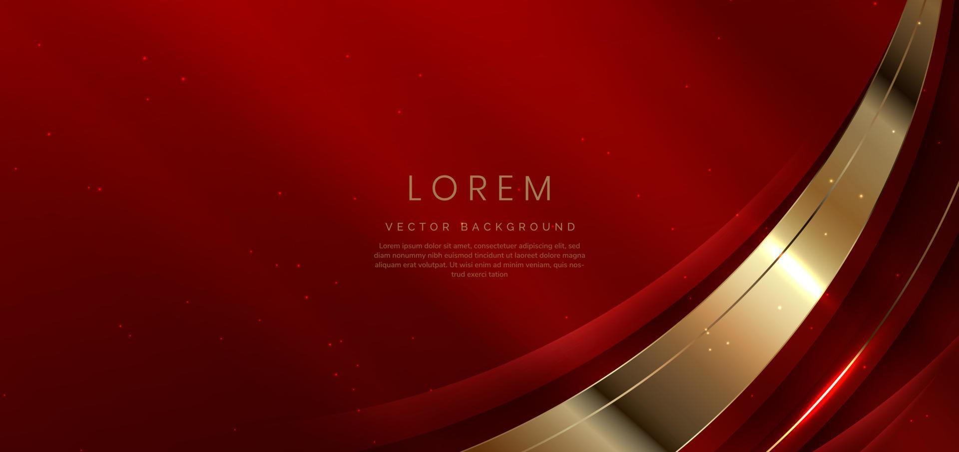 Abstract 3d golden curved red shape on red background with lighting effect and sparkle with copy space for text. Luxury design style. vector