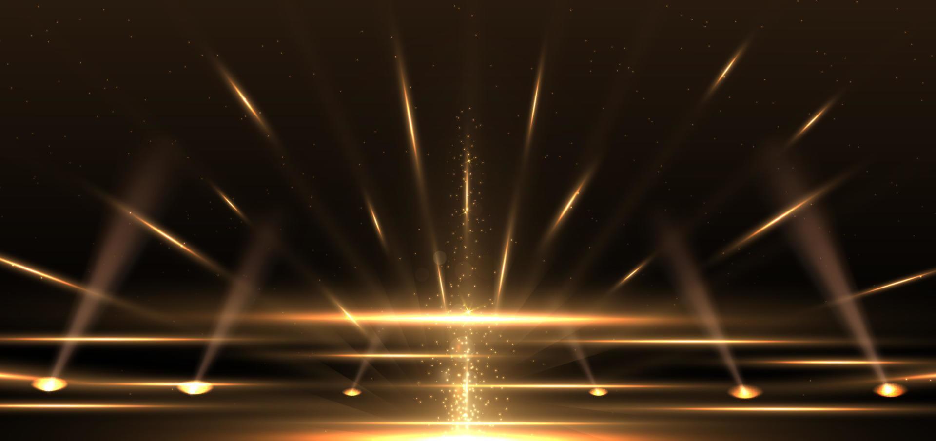 elegante escenario dorado vertical que brilla intensamente con efecto de iluminación sobre fondo negro. vector