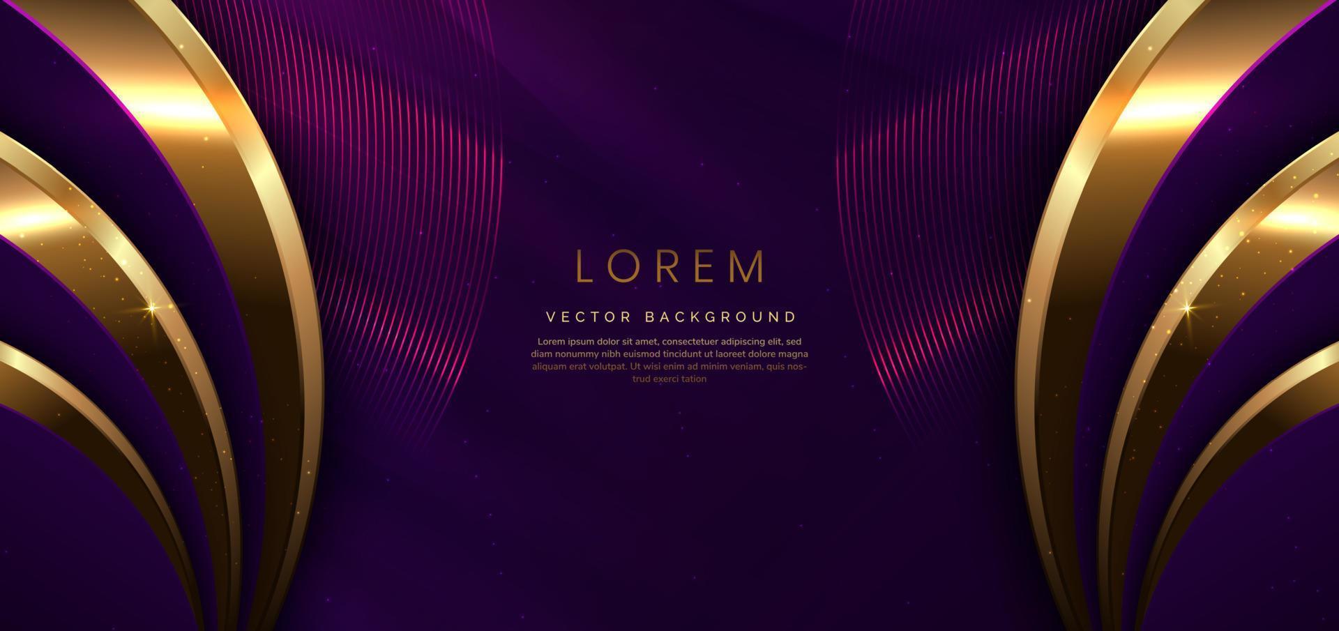 Abstract 3d luxury golden curve lines elegant and lighting effect on dark purple background. vector