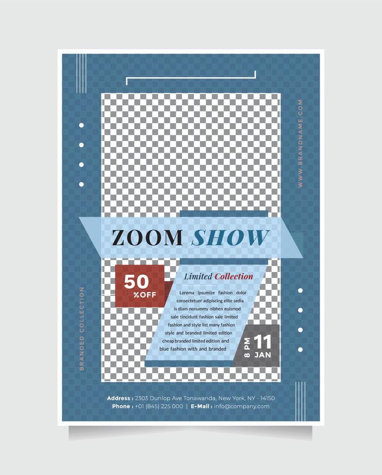 Blue fashion show flyer, brochure and banner design template with A4 Size for promotion vector