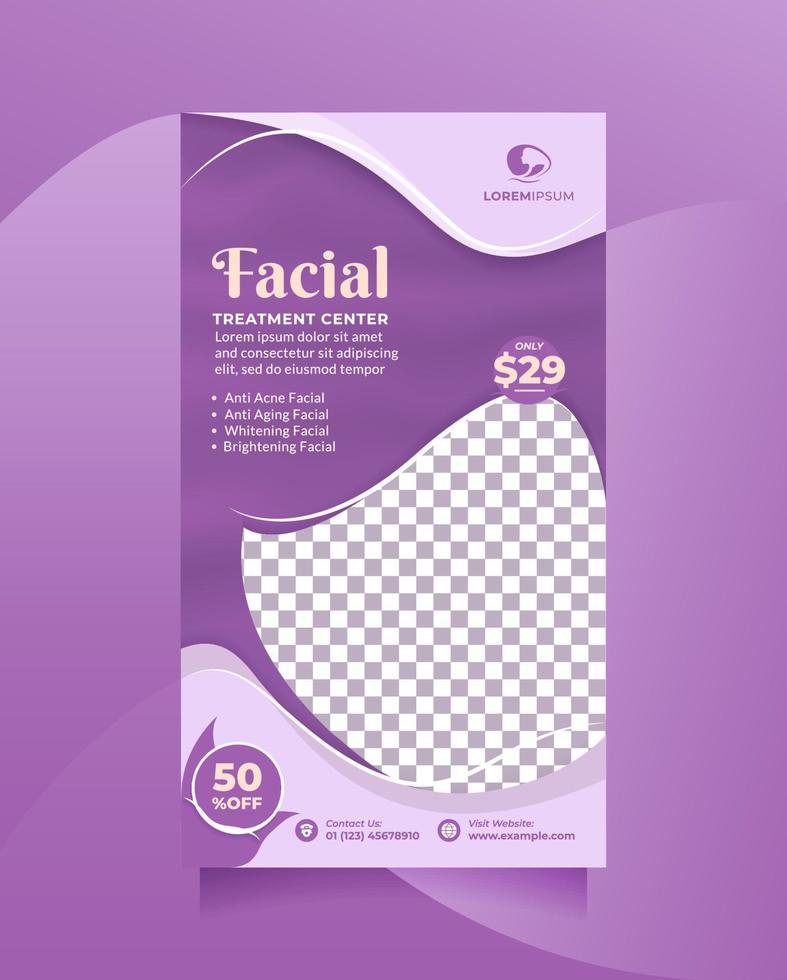 publicación de historias en redes sociales y plantilla de banner para la promoción del centro de atención de belleza facial con un hermoso color púrpura. diseño de vectores para promover salón de belleza, clínica de piel saludable, venta de cosméticos, spa médico, etc.