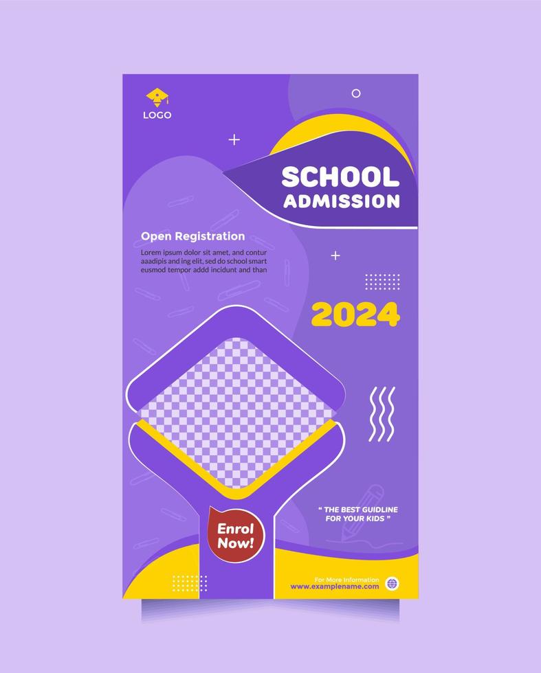 publicación de promoción de admisión a la educación escolar y plantilla de banner en las redes sociales. idea creativa diseño de banner de vector escolar para niños y niños con color amarillo azul moderno