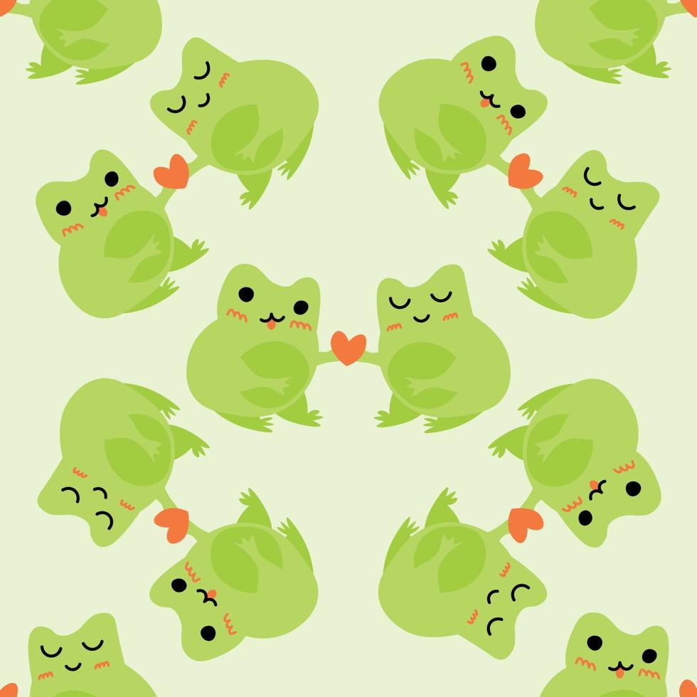 lindas ranas de dibujos animados con corazones. sapos verdes enamorados.  personajes animales vectoriales patrón sin costuras