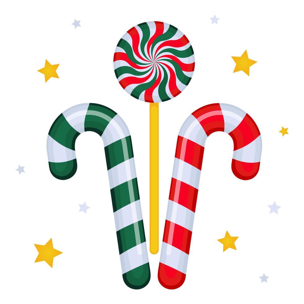 Christmas striped lollipops and round candy on stick isolated on white background. Sweets, dessert, treats. Gift for Christmas and New Year. Greeting card vector