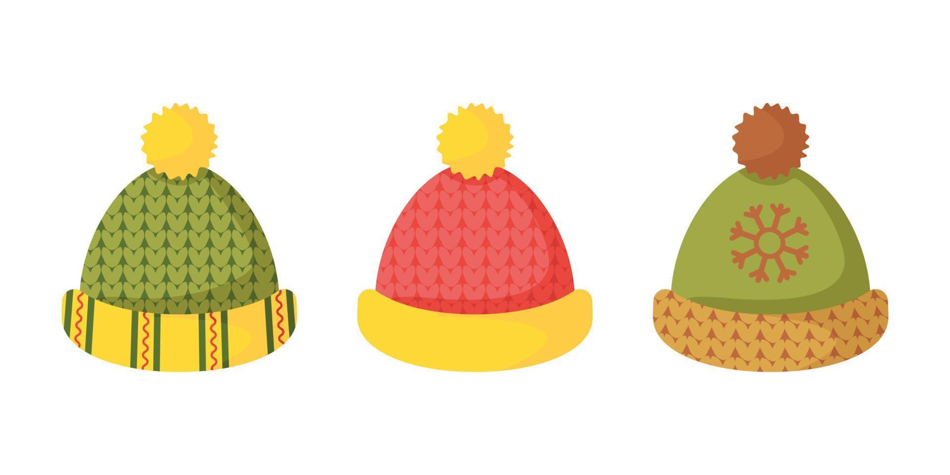 Fashionable, modern, winter, autumn knitted warm hats with patterns, pom poms. Hats for children, youth, women. Winter clothes. Christmas accessory. Set of caps vector