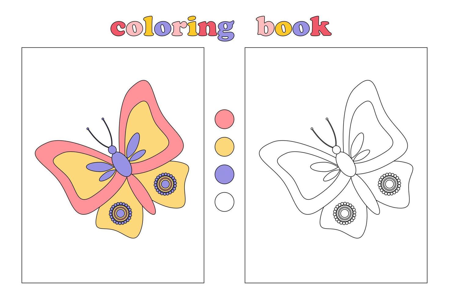 libro para colorear para niños, página para colorear con una hermosa mariposa colorida. ilustraciones de dibujos animados con subtítulos y patrones de color. dibujamos y jugamos con los niños. educación de los niños vector