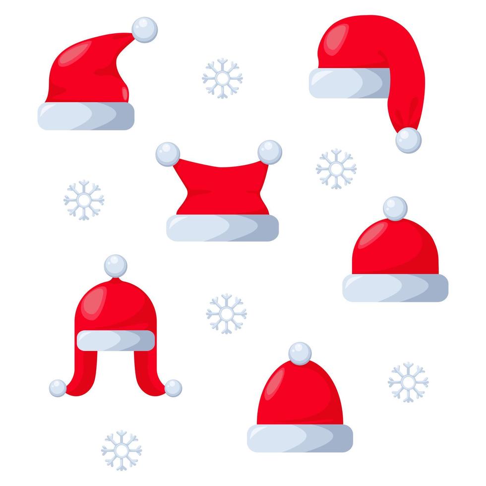 Collection, set of winter Christmas hats. Warm festive caps. Winter clothing for children and adults. Greeting holiday Christmas card vector