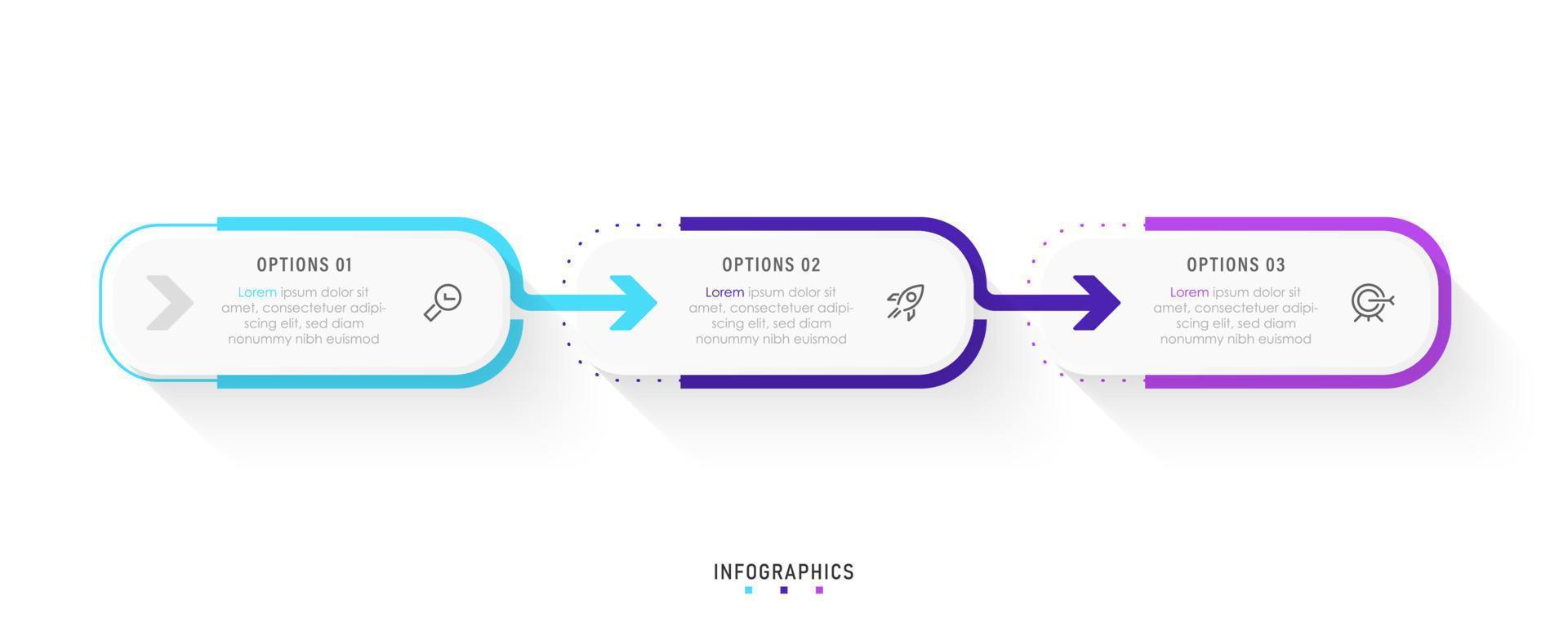 plantilla de diseño de etiquetas infográficas vectoriales con iconos y 3 opciones o pasos. se puede utilizar para diagramas de proceso, presentaciones, diseño de flujo de trabajo, banner, diagrama de flujo, gráfico de información. vector