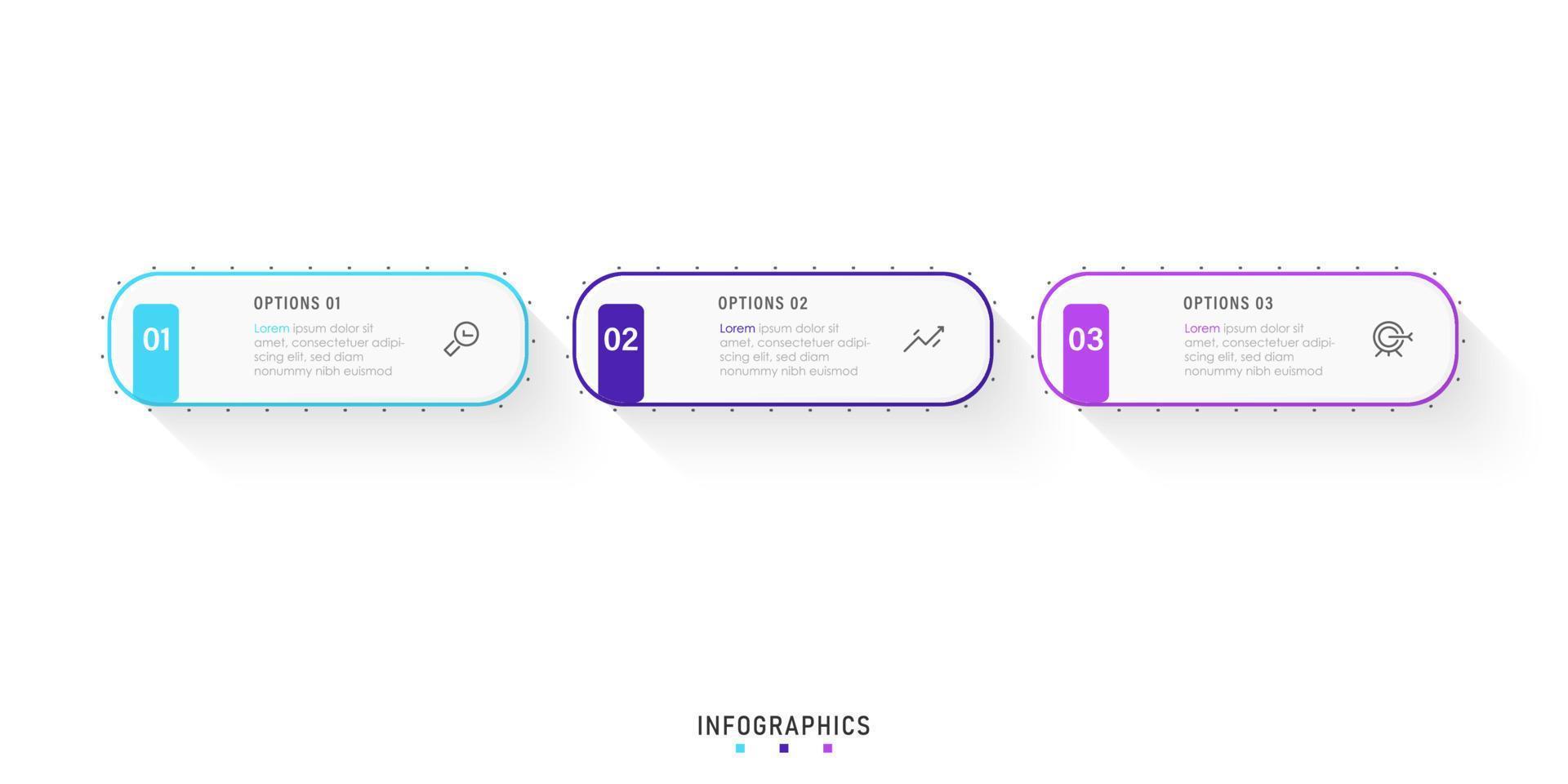 plantilla de diseño de etiquetas infográficas vectoriales con iconos y 3 opciones o pasos. se puede utilizar para diagramas de proceso, presentaciones, diseño de flujo de trabajo, banner, diagrama de flujo, gráfico de información. vector