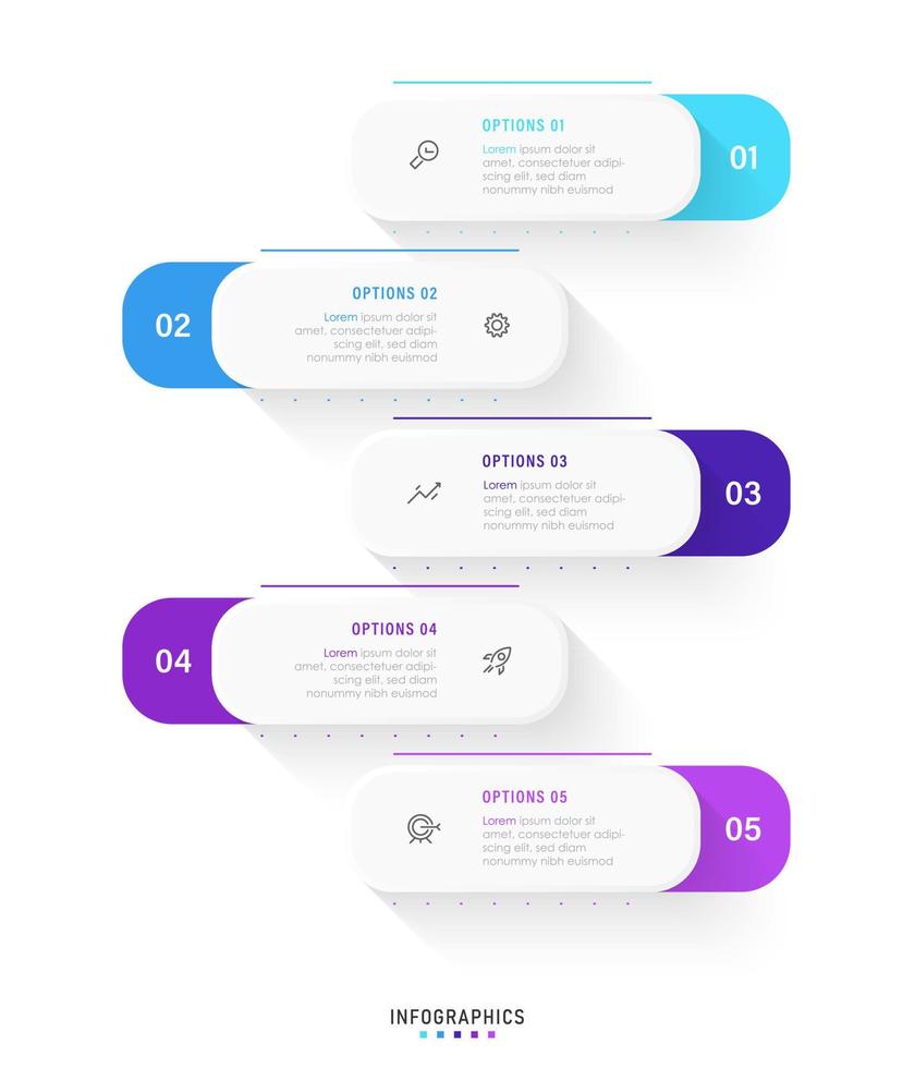 plantilla de diseño de etiquetas infográficas vectoriales con iconos y 5 opciones o pasos. se puede utilizar para diagramas de proceso, presentaciones, diseño de flujo de trabajo, banner, diagrama de flujo, gráfico de información. vector