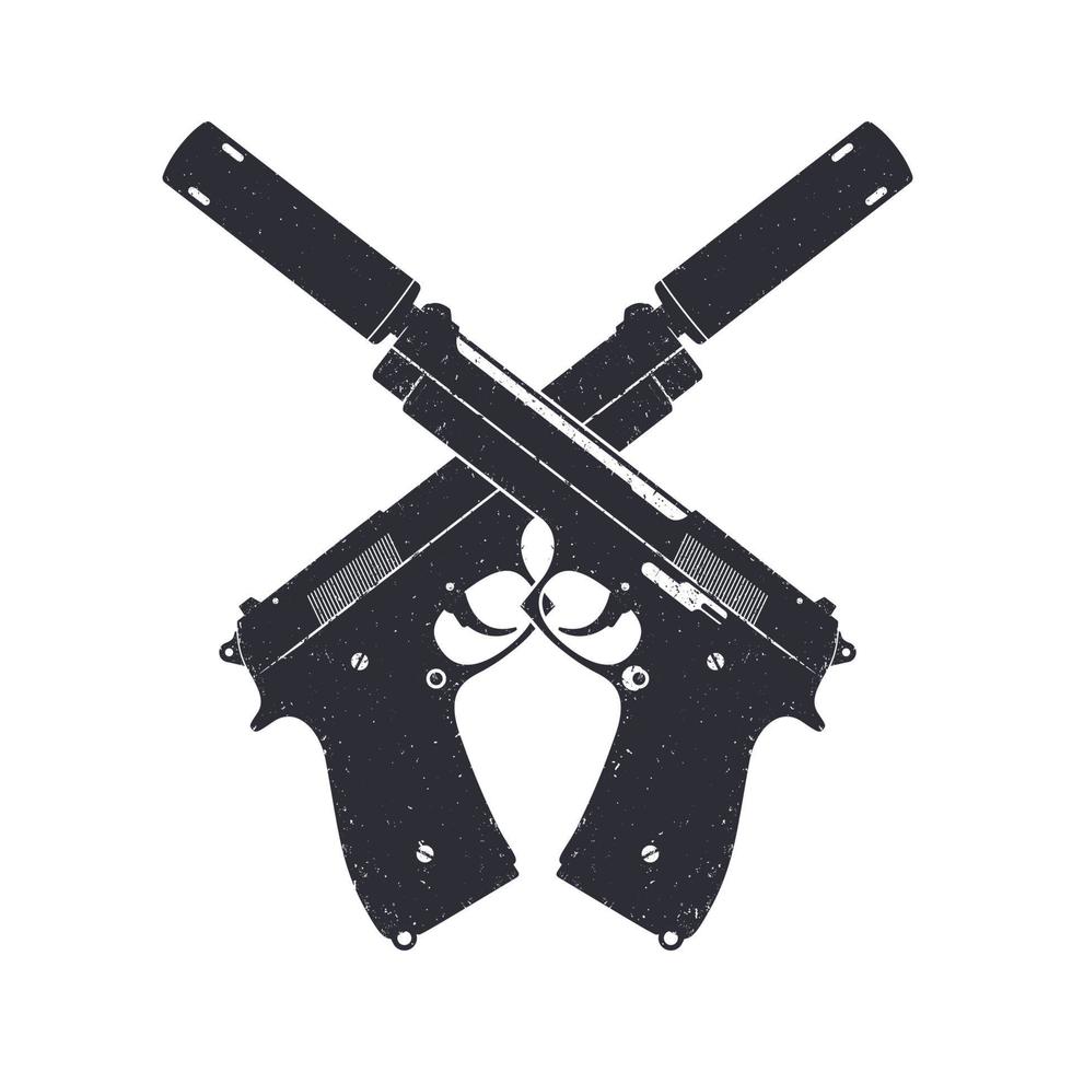 crossed modern pistols with silencers, two handguns isolated on white, vector illustration