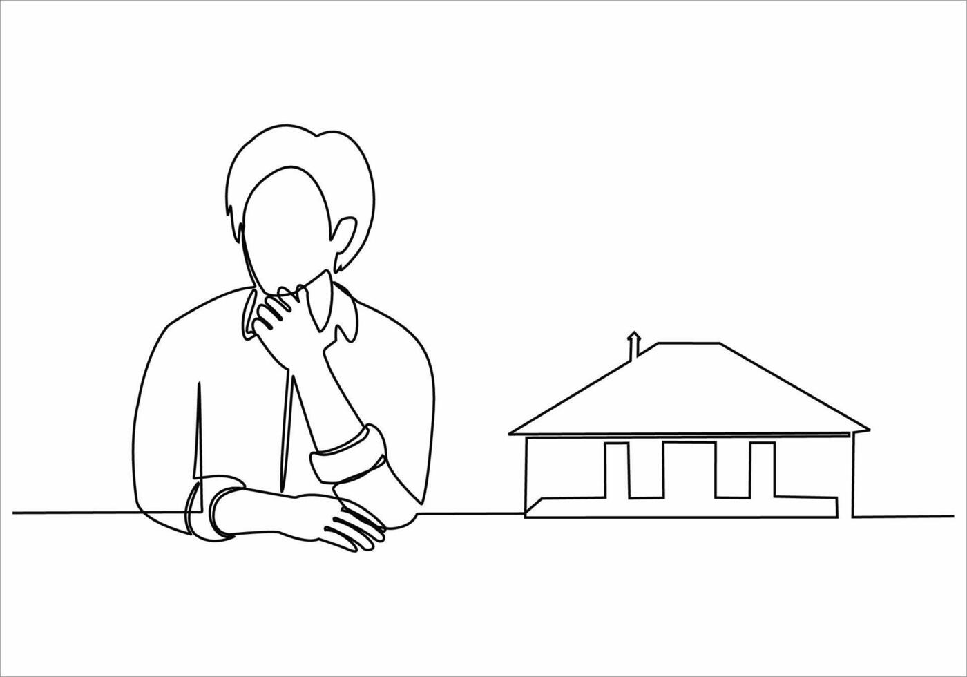 continuous line sad man wants to buy a house vector