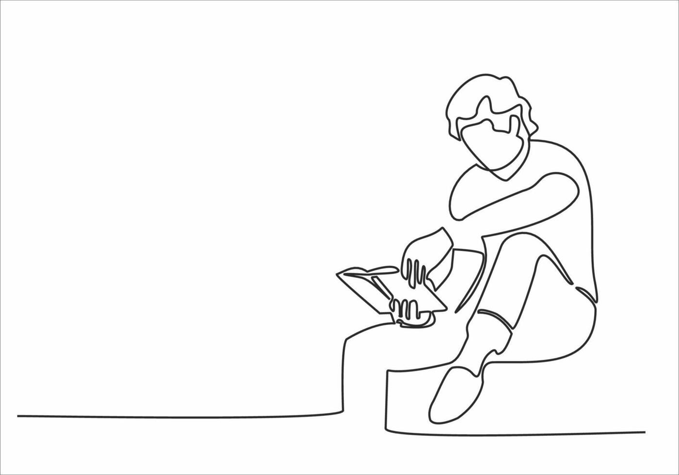continuous line art man reading a book vector