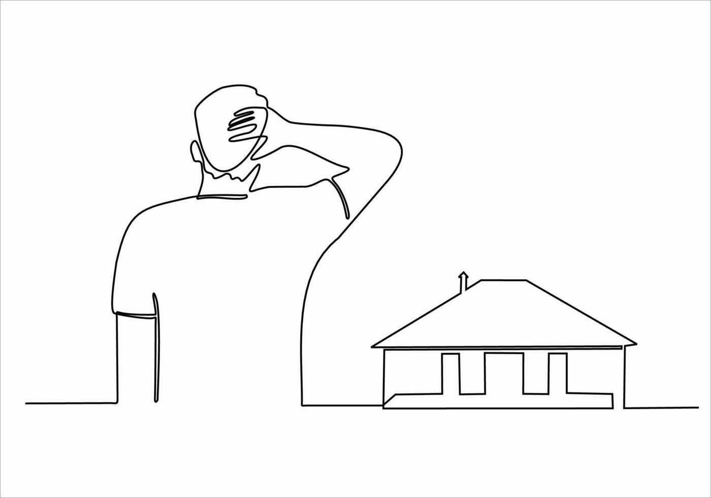 continuous line sad man wants to buy a house vector