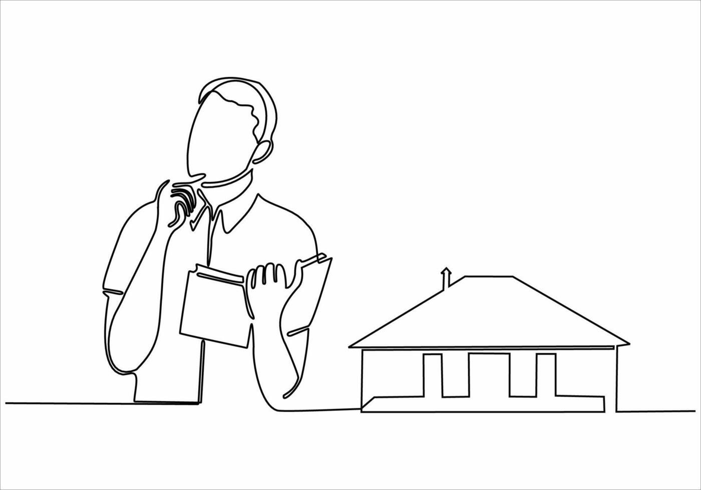 continuous line sad man wants to buy a house vector