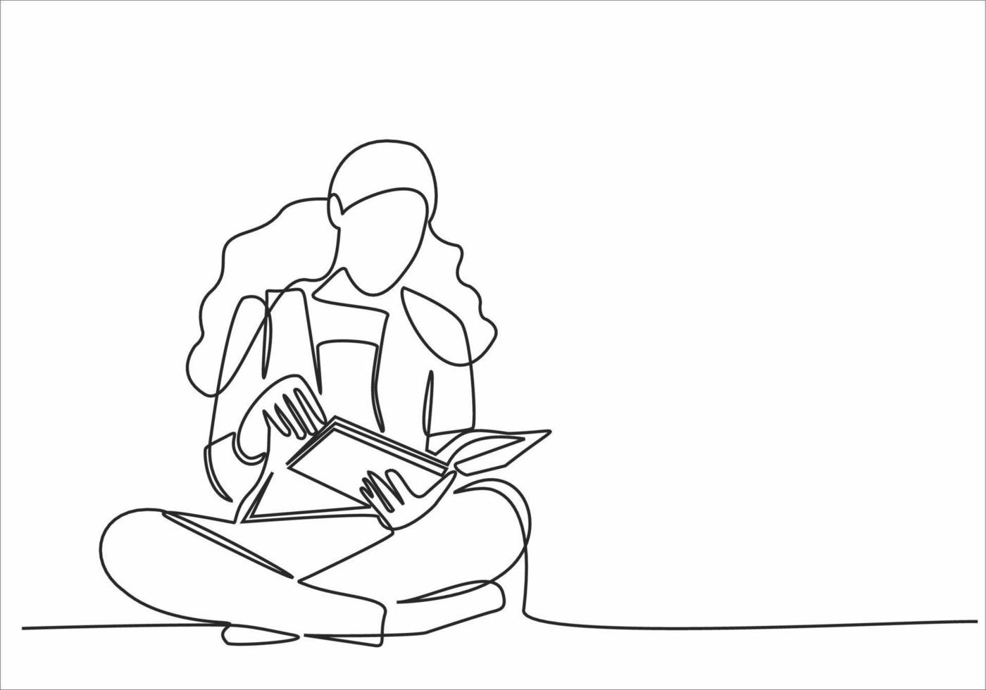 continuous line art woman reading a book vector