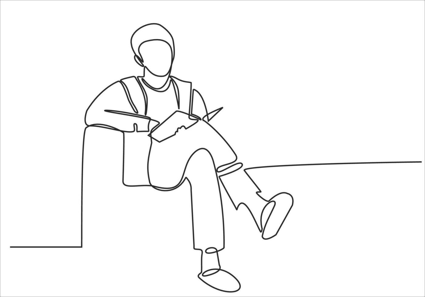 continuous line art man reading a book vector