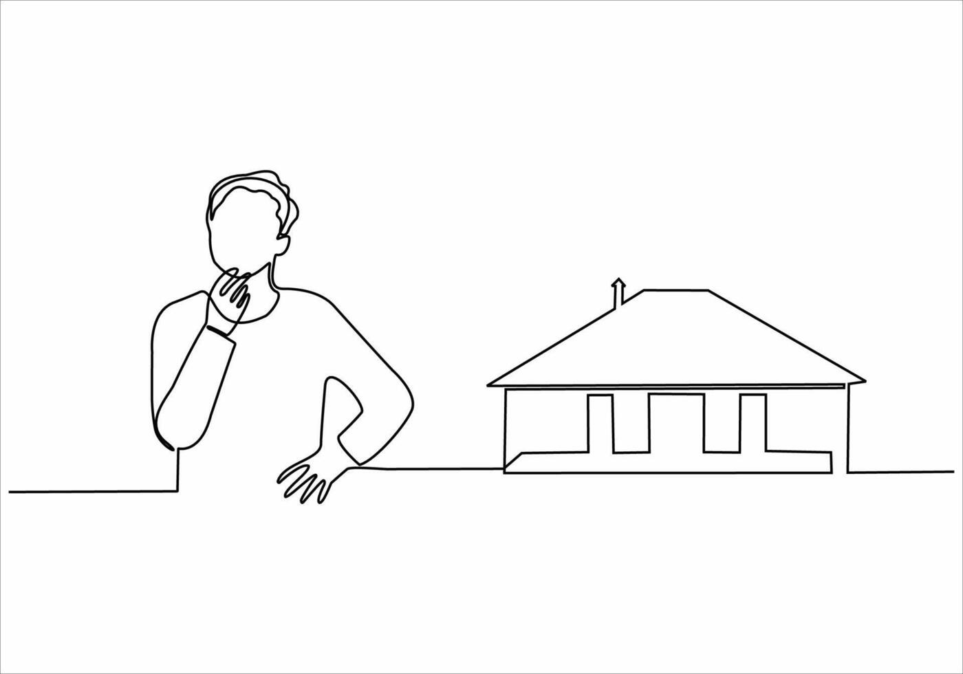 continuous line sad man wants to buy a house vector