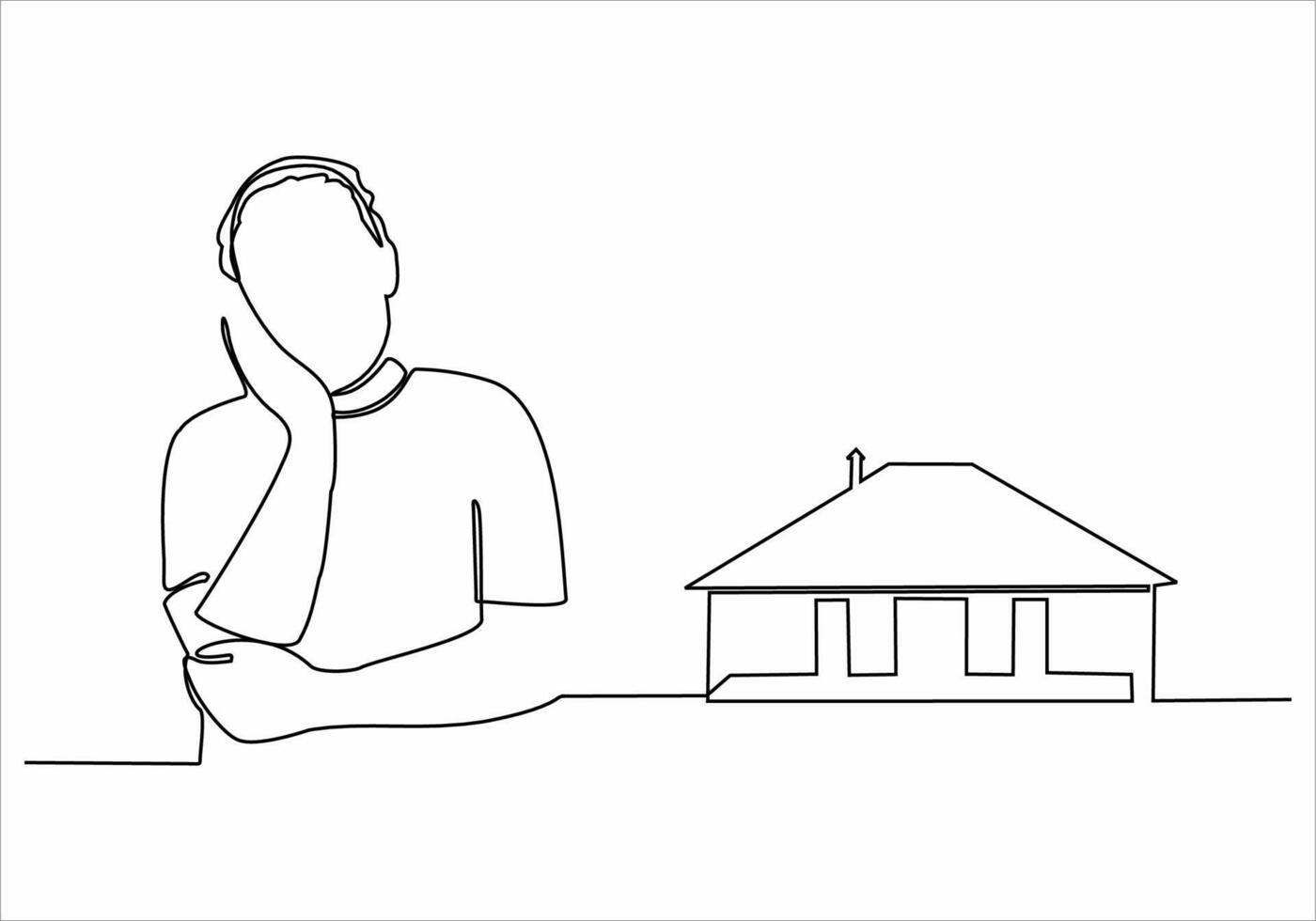 continuous line sad man wants to buy a house vector