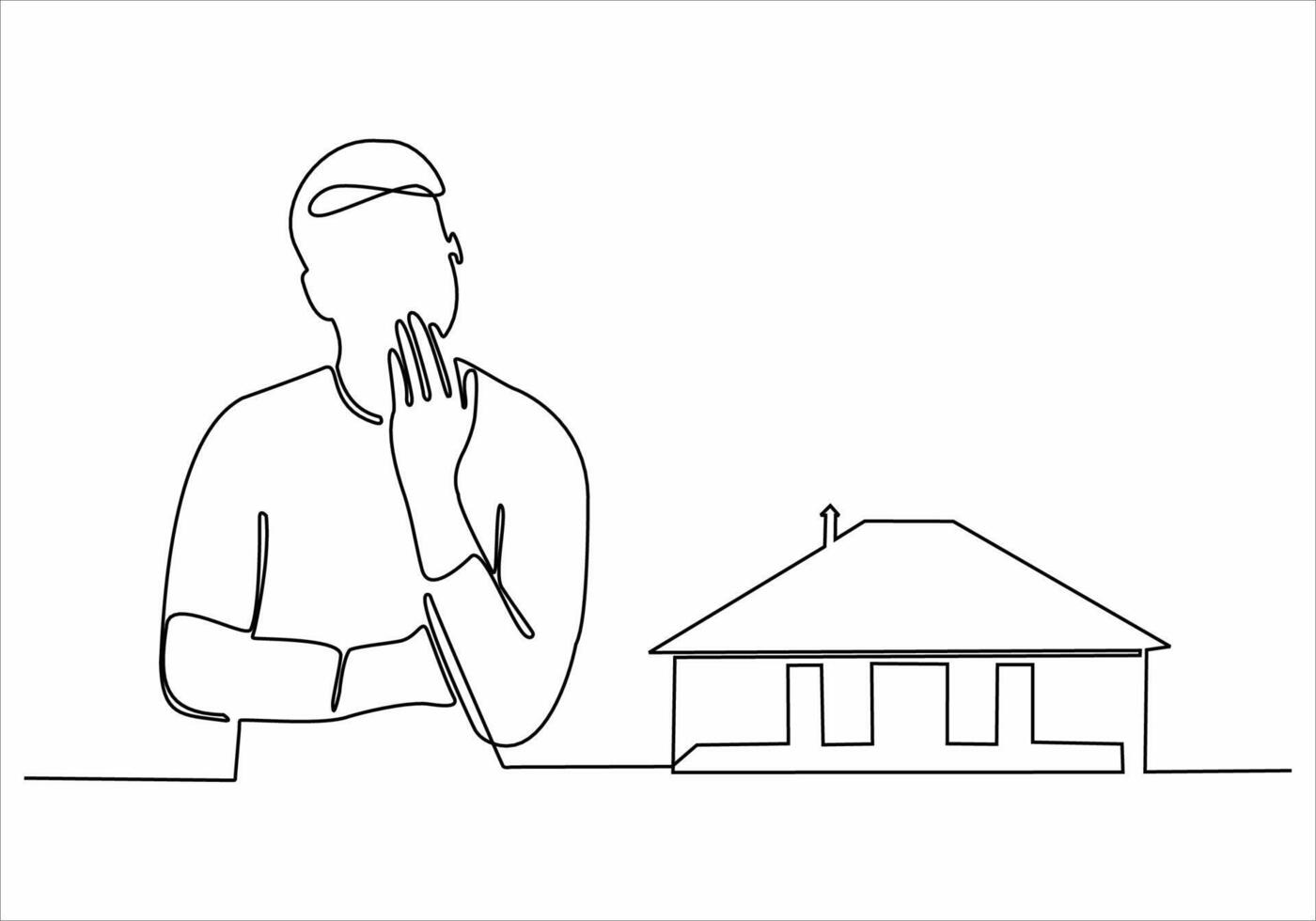 continuous line sad man wants to buy a house vector