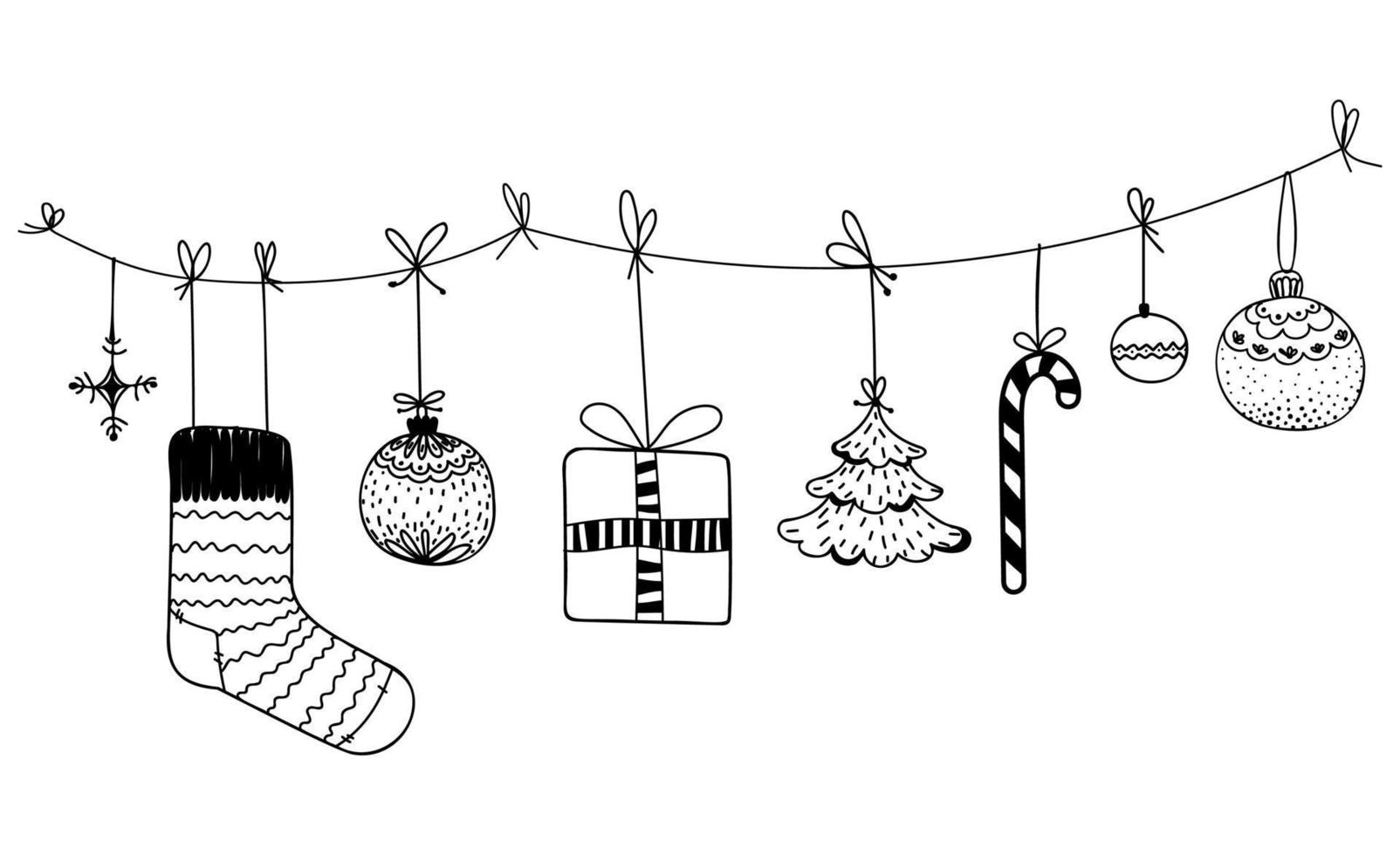 Christmas garland in vintage graphic doodle style isolated on white background. vector