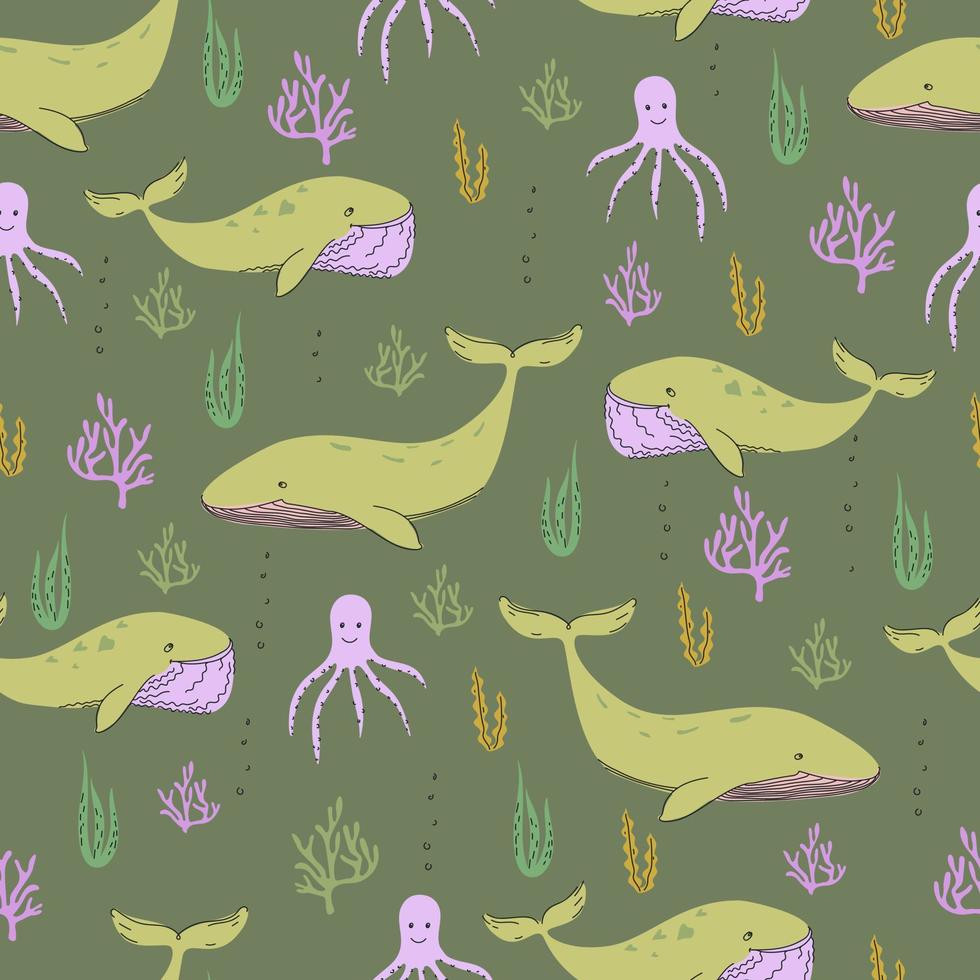 Vector seamless pattern in doodle style with marine animals and algae.