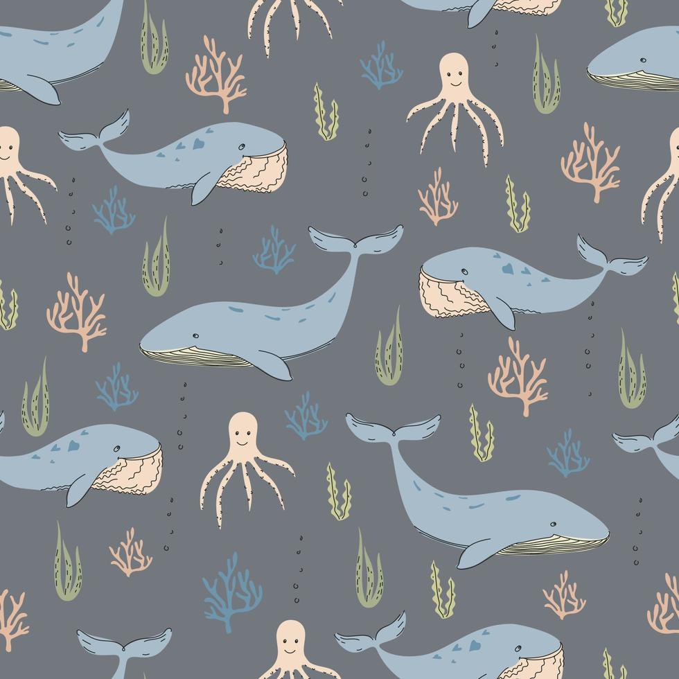 Vector seamless pattern in doodle style with marine animals and algae.