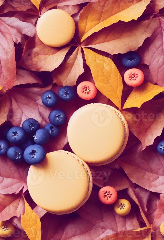 Autumn composition. Backdrop made of autumn berries, autumn berries, macarons. Autumn, fall concept. Flat lay, top view photo