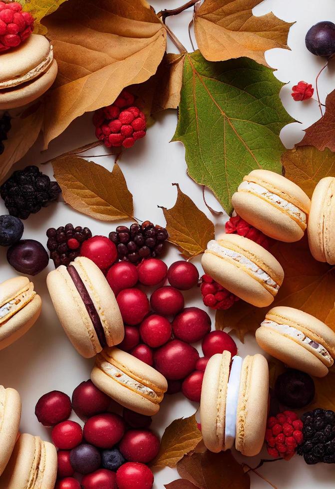 Autumn composition. Backdrop made of autumn berries, autumn berries, macarons. Autumn, fall concept. Flat lay, top view photo