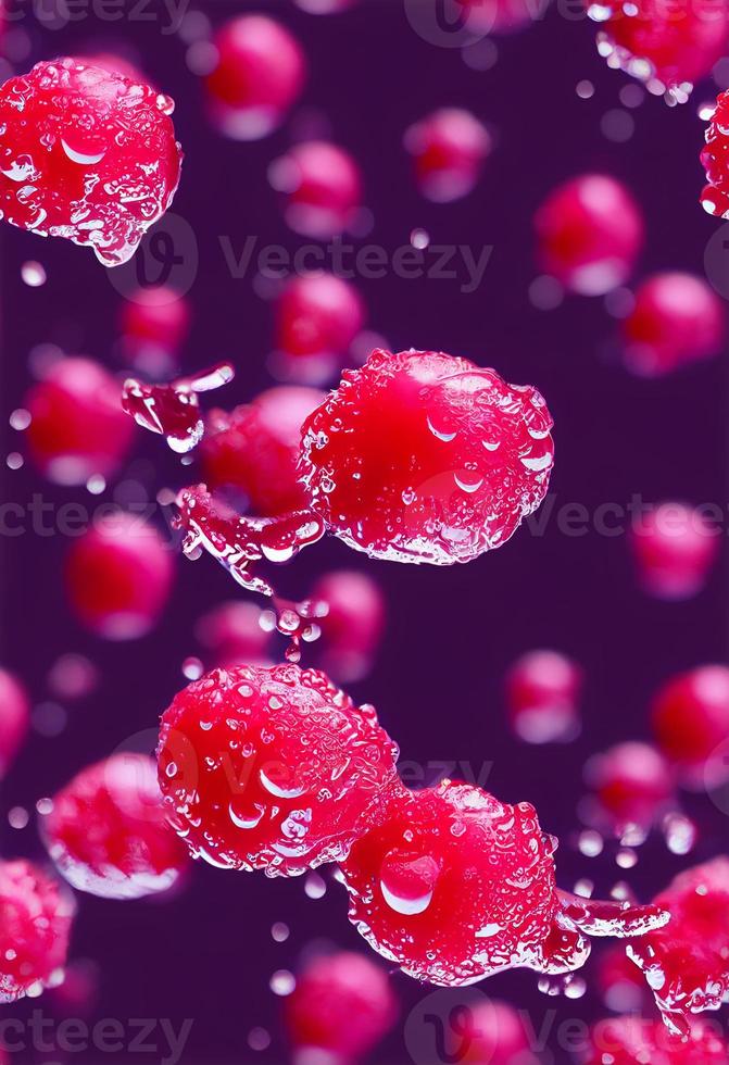 3d illustration seamless pattern of falling red berries in water droplets and water splashes photo