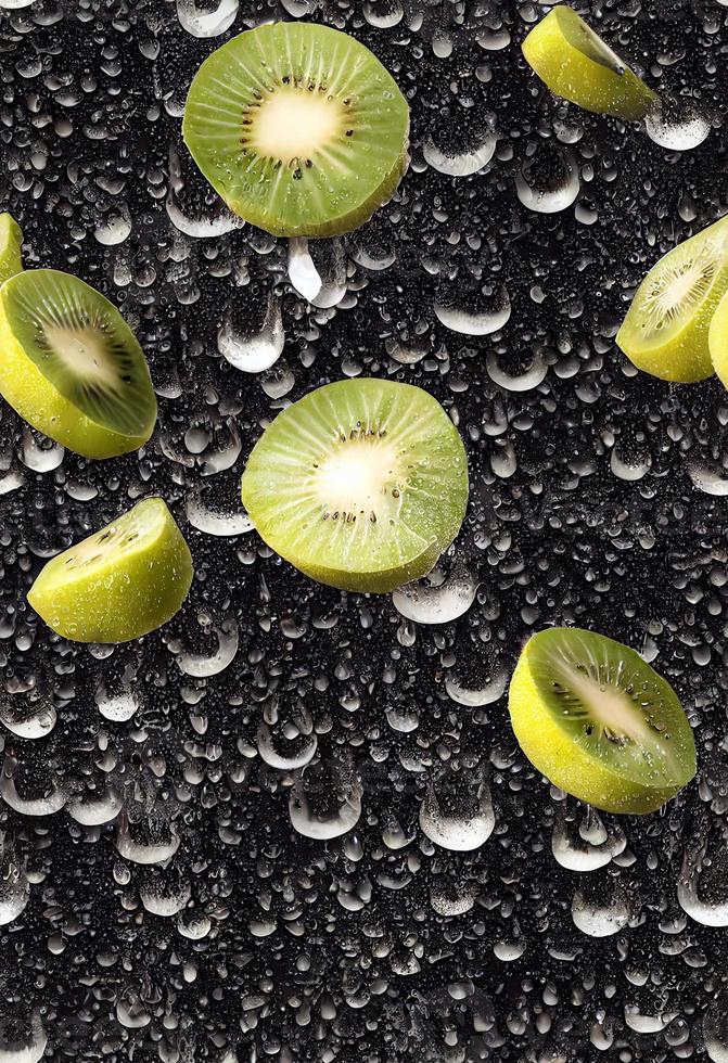 3d illustration seamless pattern of falling kiwi slices water droplets and water splashes photo