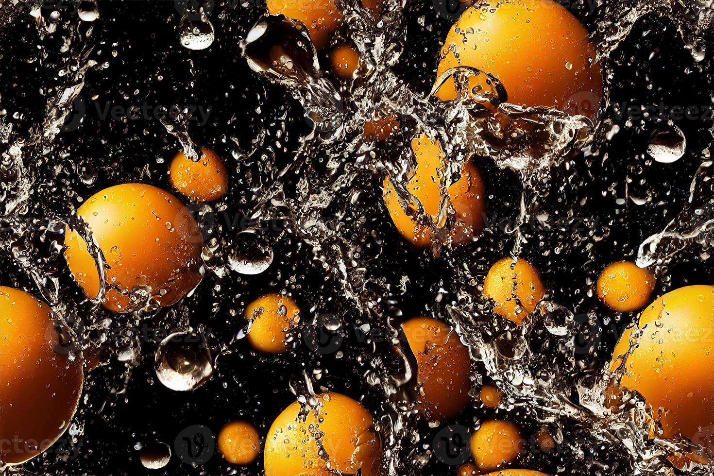 3d illustration seamless pattern of falling oranges into water with droplets and water splashes photo