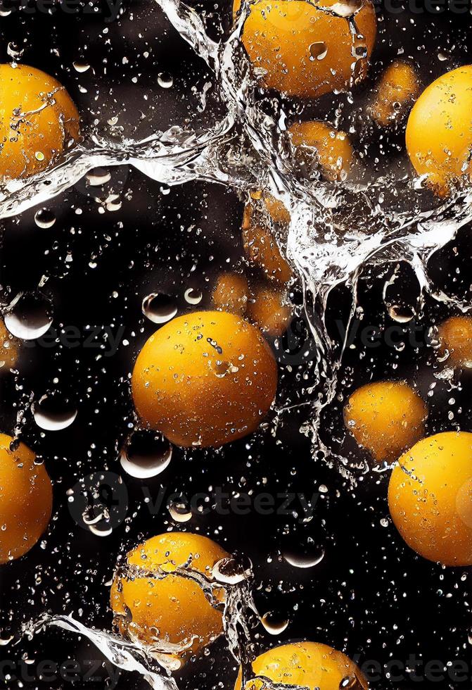 3d illustration seamless pattern of falling oranges water droplets and water splashes photo