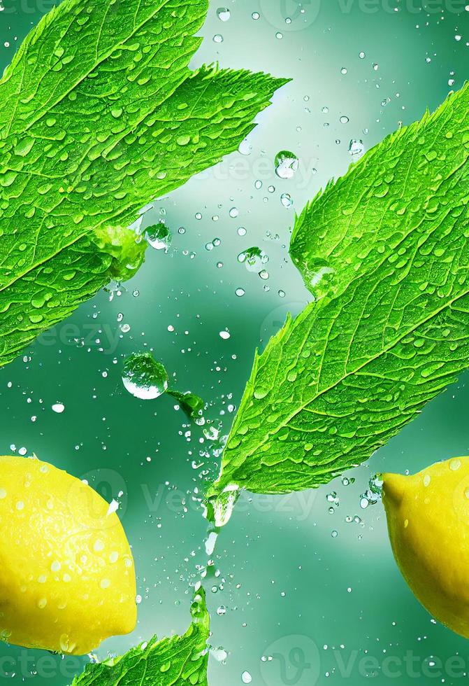 3d illustration seamless pattern of falling lemons and mint leaves water droplets and water splashes photo
