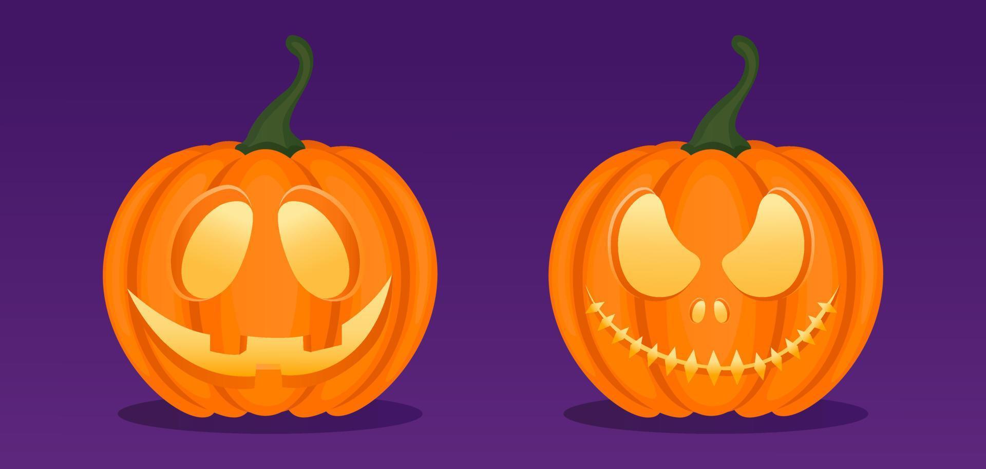 conjunto de dos calabazas de halloween, con expresiones amables y enojadas vector