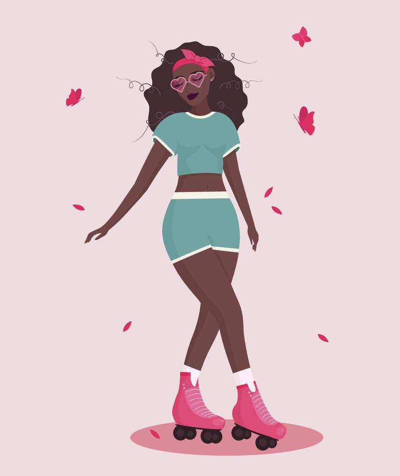 Young black girl 90s style roller skating vector