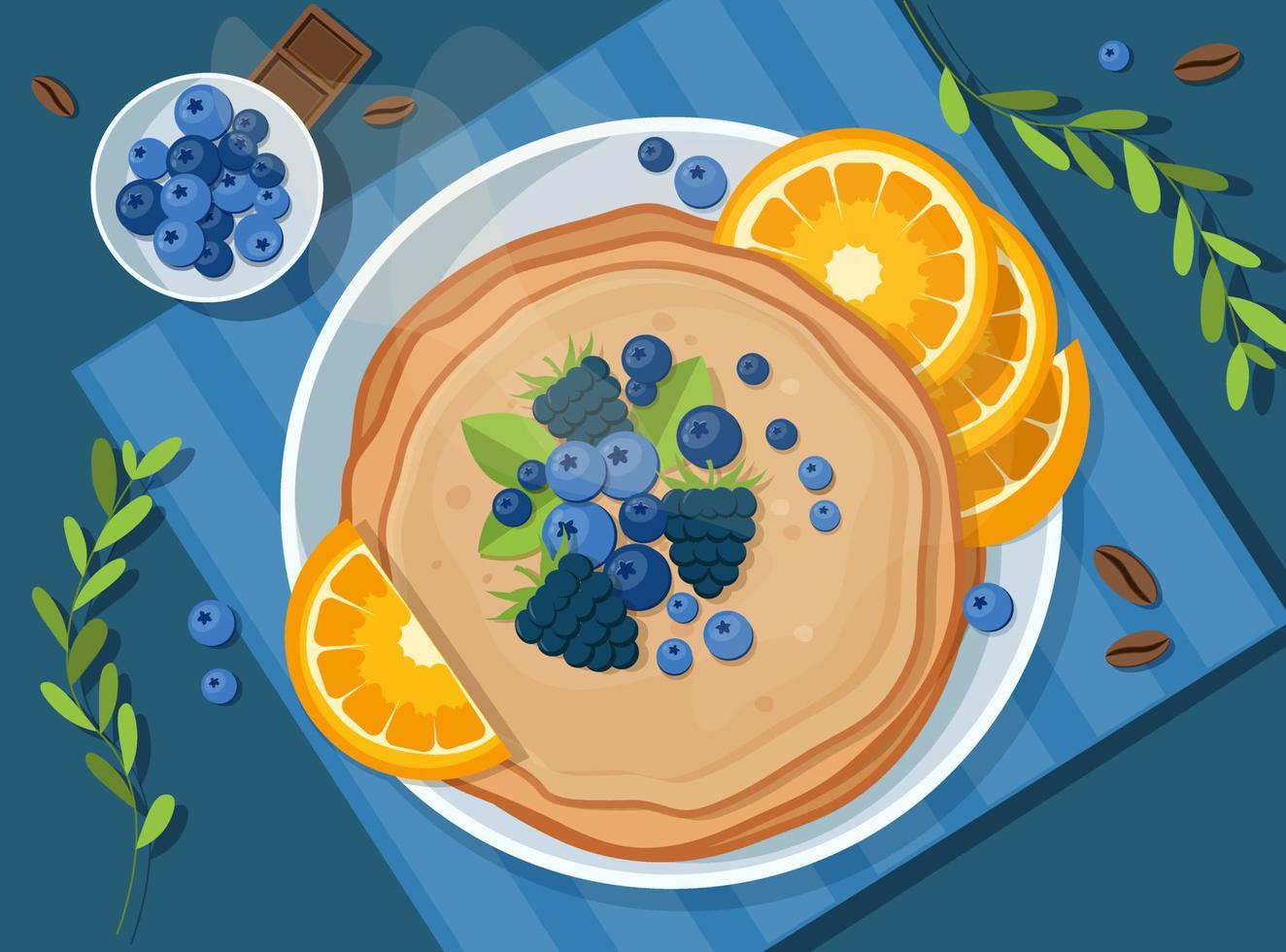 Pancakes on the plate with blueberries, blackberries, oranges and chocolate vector